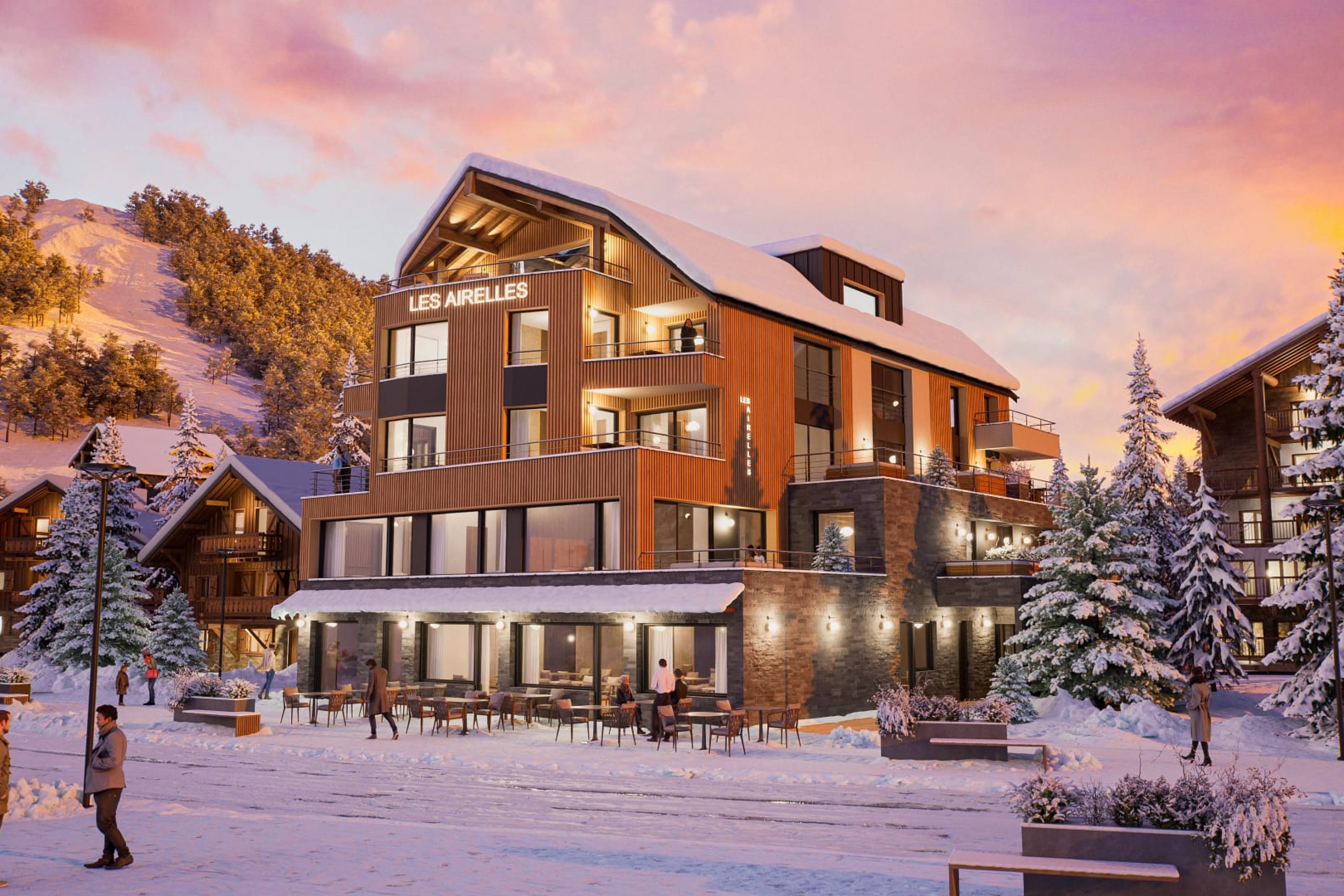 appartement-neuf-residence-les-airelles-les-2-alpes-vue-exterieure-hiver-soir